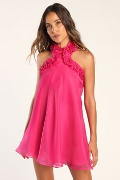 Get ready to make a striking entrance like no other in the Lulus Perfect Stunner Hot Pink Organza Ruffled Halter Mini Dress! Breezy, lightweight woven organza shapes this iconic dress with a ruffled halter neckline atop a sleeveless bodice. The trapeze silhouette and open back creates a fun and flirty vibe, perfect for dancing the night away in! Hidden back zipper/clasp. Fit: This garment fits true to size. Length: Mid-thigh. Size medium measures 34" from top to bottom. Bust: Great for any cup s Sisterhood Round, Trapeze Silhouette, Hot Pink Mini Dress, Loose Mini Dress, Lulu Fashion, Summer Wedding Outfits, Eve Dresses, Iconic Dresses, New Years Eve Dresses