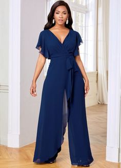 Size:L;Size:M;Size:XXL;Size:S;Size:XL;Color:Blue;Pattern Type:Solid;Season:Summer;Package Contents:1 X Jumpsuit;Composition:100%Polyester;Color Scheme:Blue;Neckline:V Neck;Occasion:Vacation;Fit Type:Loose;Clothing Length:Ankle Length;Style:Elegant;Sleeve's Length:Short Sleeve;Washing Instructions:Hand Wash /Machine Washable;Decoration:Ruffle; Cocktail Jumpsuits For Women, Chiffon Pants Outfit Classy, Jumpsuit Elegant Formal Plus Size, Jumpsuit Outfit For Women, Mob Jumpsuit, Navy Blue Jumpsuit Outfit Wedding, Fancy Jumpsuit Wedding, Jumpsuit For Wedding Guest Classy, Zudio Shopping Women