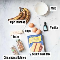 ingredients to make banana bread laid out on a marble counter top