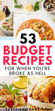 the cover of 53 budget recipes for when you're broke as hell, with pictures of