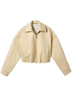 beige cotton blend front zip fastening two side slit pockets cropped elasticated hem internal logo patch Suiting Fabric, Wardrobe Edit, Iconic Bags, Exclusive Fashion, Tailored Jacket, Ski Wear, Jacket Sale, Jacket Tops, Front Zipper