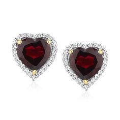 Ross-Simons - 5.00ct t. w. Garnet Heart Earrings, .40ct t. w. White Topaz Over. Sweeten up to these stellar gemstone earrings, showing off 5.00 ct. t. w. heart-shaped garnets bordered by .40 ct. t. w. white topaz rounds. Finely crafted in polished 18kt yellow gold over sterling silver. Post/clutch, white topaz and garnet heart earrings. Garnet birthstones are the perfect gift for January birthdays. Formal Fine Jewelry Heart Earrings With Gemstone, Elegant Heart Gemstone Earrings For Valentine's Day, Heart-shaped White Gold Gemstone Earrings, White Gold Heart Gemstone Earrings, White Gold Heart Shaped Gemstone Earrings, Elegant Gemstone Heart Cut Earrings, White Gold Heart Earrings With Gemstones, Elegant Gemstone Heart Earrings For Formal Occasions, Elegant Heart Cut Gemstone Earrings