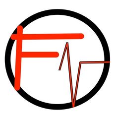 a red and black circle with the letter f in it