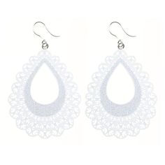 Our eye-catching Large Lace Teardrop Earrings (Dangles) give a unique and elegant touch, perfect for any special occasion or everyday look. Lightweight, hypoallergenic, and made with plastic hooks, these earrings provide comfort and won't irritate sensitive ears. Get the perfect look, without the weight! Earring length: 78mm Unicorn Wings, Plastic Hooks, Turquoise And Purple, Free Earrings, Pearl Leather, Sensitive Ears, Black White Gold, Pink Turquoise, Hypoallergenic Earrings