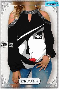 Women's Shirt Blouse Black White Yellow Portrait Cut Out Print Long Sleeve Casual Basic Round Neck Regular Portrait S Black Collar Top With Graphic Print, Chic Graphic Print Tops For Party, Casual Printed Blouse For Party, Black Printed Long Sleeve Tops, Elegant Black Blouse With Graphic Print, Black Collar Tops For Fall, Graphic Print Long Sleeve Tops For Night Out, Long Sleeve Graphic Print Top For Night Out, Casual Party Tops With Collar