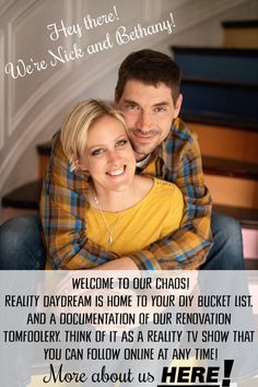 a man and woman sitting next to each other in front of stairs with the words, we