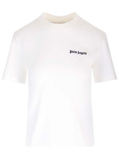 White t-shirt from Palm Angels in cotton, black logo printed on one side of the chest, short sleeves, crew neck. Logo Detail Short Sleeve T-shirt For Streetwear, Relaxed Fit T-shirt With Logo And Short Sleeves, Relaxed Fit Short Sleeve T-shirt With Front Logo, Cotton T-shirt With Front Logo, Graphic Tee T-shirt With Front Logo, Versace Designer, Best Wallet, Palm Angels, Urban Chic