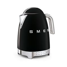 an electric kettle with the word smeg on it's front and side panels