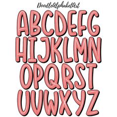 the upper and lower case of an english alphabet with pink letters on white background, hand drawn