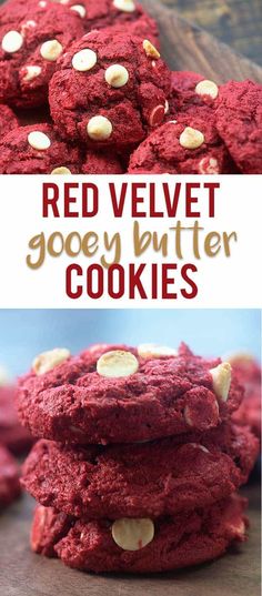 red velvet gooey butter cookies are stacked on top of each other with white chocolate chips