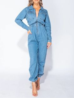 Casual Denim Zip Jean Jumpsuit Overalls – La Boutique Dacula Cheap Casual Button-up Denim Jumpsuit, Fall Button-up Medium Wash Denim Jumpsuit, Denim Jumpsuits For Women, Jeans Jumpsuits For Women, Cool Fashion Style, Medium Wash Button-up Denim Jumpsuit With Buttoned Pockets, Cheap Medium Wash Button-up Denim Jumpsuit, Long Sleeve Denim Jumpsuit, Casual Non-stretch Denim Jumpsuit With Button Closure