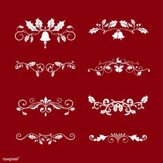 a set of christmas ornaments on a red background with white swirls and holly leaves