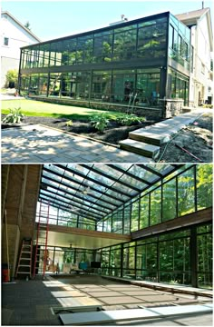 two pictures of the inside and outside of a glass house with stairs leading up to it