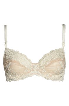 Sheer-topped cups are detailed with feminine lace in a beautiful underwire bra. Partially lined Polyester/nylon/spandex Hand wash, line dry Imported Lingerie Classic Beige Underwire Bra, Beige Lace Bra With Lace Closure, Cream Full Coverage Bra With Removable Pads, Full Coverage Cream Bra With Removable Pads, Beige Lace Bra Comfortable, Classic Full Cup Beige Bra, Classic Beige Full Cup Bra, Lace Bra With Sweetheart Neckline And Lace Trim, Delicate Lace Bra With Lace Trim