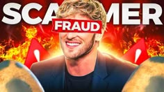 a man with his face obscured by the word scammer in front of fire