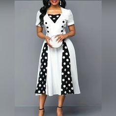 Polka Dot Color Block Button Dress, Elegant Short Sleeve Dress For Spring & Summer, Women's Clothing High Quality And Durable: Slim Fit Sexy Dresses Are Made Of High Quality Polyester, Stretchy And Comfortable To Touch, Not Easy To Deform. Natural Ingredients: All Our Products Are Made Of Highquality Alloys, With Vibrantly Colored Patterns And Unique Design. Perfect Decoration: Perfect Match With Your Favorite Heels, Very Suitable For Party. This Is A Perfect Decoration In Any Season. Elegant Ap Retro Bridesmaid Dresses, Robes Vintage, Dress Sleeve Styles, Bridesmaid Dress Colors, Patchwork Dress, Vintage Casual, Waist Dress, Looks Vintage, White Casual