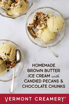 homemade brown butter ice cream with candied pecans and chocolate chunks in glass bowls