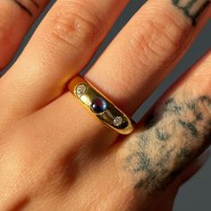 14k Gold Donut Band With Blue Sapphire And Two Old Mine Cut Diamonds Gold Donuts, Chunky Rings, Blue Gold, Womens Jewelry Rings, Blue Sapphire, Colored Diamonds, Diamond Cuts, Sapphire, Women Jewelry