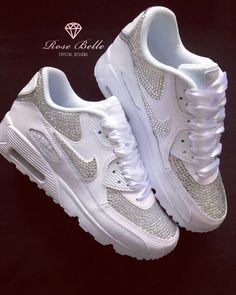 Stunning Nike air max 90s customised with high quality crystals perfect for your wedding day. These can be personalised with your name, date etc this will be printed (select printed personalising) on the side at the back end of the shoe, on both shoes outer side. Any colour personalising available Any colour ribbon laces If you have any specific requirements please contact me Xx Bridal Nike, 90s Bride, Wedding Sneakers For Bride, Bridal Converse, Nike Trainer, Nike Air Max 90s, Bridal Sneakers, Air Max 90s, Perfect Wedding Shoes