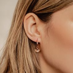 This is a customizable pair of fine hoop earrings made from 18 karat gold-plated sterling silver, with small, fan-shaped earring charms, detail lines engraved into their surface. Perfect for mixing and matching with other hoop earrings or charms to build your own unique earring stack.  🎁 Packaging: Beautifully packed in a box, ready for gifting. 🏷️ This product is made of sterling silver -- easily recognizable by its '925' stamp of authenticity. It is also hypoallergenic, making it suitable for people with sensitive or irritable skin. We recommend avoiding perfume, deodorant or other chemicals. Details: ✅ Gold hoop earrings - 925 sterling silver with 18K gold plated. Rose gold hoop earrings - 925 sterling silver with 18K rose gold plated. ✅ Diameter: hoop (inner diameter) - 1.3 cm, (oute Rose Gold Hypoallergenic Dangle Huggie Earrings, Rose Gold Plated Drop Earrings, Rose Gold Plated Huggie Earrings As Gift, 14k Rose Gold Filled Huggie Earrings As Gift, Rose Gold 14k Gold Filled Huggie Earrings, Gift Rose Gold Huggie Earrings, 14k Gold Filled, Gift Rose Gold 14k Gold Filled Huggie Earrings, Dainty Small Hoop Rose Gold Earrings, Dainty Rose Gold Tarnish-resistant Hoop Earrings