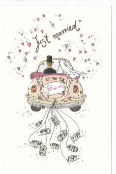 a wedding card with a bride and groom in a pink car on the back, surrounded by confetti hearts