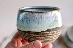 a hand holding a blue and brown cup