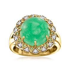 Ross-Simons - Jade, .20ct t. w. White Zircon Ring, .10ct t. w. Tsavorites Over Sterling. Size 9. Refreshing and undoubtedly eye-catching, this ring is a real treasure! Features a smooth 12mm round jade cabochon glowing amid a scalloped frame sparkling with .20 ct. t. w. round white zircon and .10 ct. t. w. tsavorite rounds. Crafted in 18kt yellow gold over sterling silver. 5/8" wide. Tsavorite, white zircon and jade ring. Green Diamond Ring With Center Stone, Green Round Anniversary Rings, Green Gemstone Diamond Ring With Round Band, Green Diamond Ring With Round Stone, May Birthstone Round Brilliant Cut Diamond Ring, May Birthstone Brilliant Cut Diamond Ring, May Birthstone Diamond Ring With Brilliant Cut, Round Halo Ring With May Birthstone Gemstone, May Birthstone Round Halo Ring