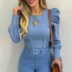 Solid Color Tight Bubble Sleeve Long Sleeve Top sold by Womens Style on Storenvy Blue Denim Top, Short Blouses, Womens Denim Shirt, Denim Blouse, Bubble Sleeve, Blouse Material, Women Shirts Blouse, Denim Jumpsuit, Girls Fashion