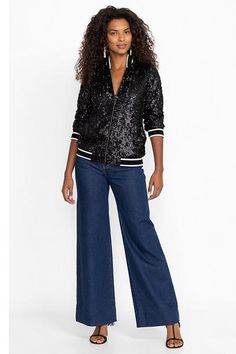 Offering a fresh take on a classic jacket silhouette, the Harmony Sequin Bomber is feminine and fun. Featuring a standing collar with a zip-front closure, this sparkling sequined jacket is finished with pockets along the side seams. Pair with leather pants and the Etta Silk Cami for a modern evening look. Johnny Was Women's Kelsey Sequin Bomber Jacket in Black Sequin, Size XL, Silk/Leather Chic Party Outerwear With Zipper Closure, Jacket Silhouette, Women's Outfits, Silk Cami, Standing Collar, Classic Jacket, Sequin Jacket, Embroidered Jeans, Johnny Was