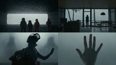 four different shots of people standing in the dark with their hands up and looking at each other