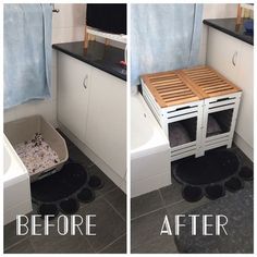 before and after photos of a bathroom remodel with black tile flooring, white cabinetry, and wood slats