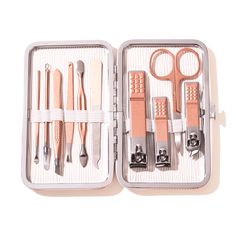 Blossom Pink 10-piece Nail Kit includes nail clippers, nail scissors, cuticle trimmer, tweezers, nail file, push stick, and more. Nail Organizer, Diy Nail Care, Classic Nail Polish, Nail Care Diy, Cuticle Trimmer, Lady In White, Classic Nail, Nail Care Products, Nail Scissors