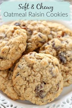 soft and chewy oatmeal raisin cookies are on a white plate