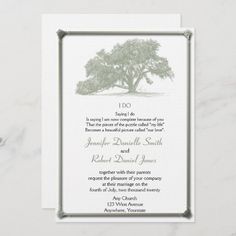 a wedding card with an image of a tree on the front and bottom, which reads i do