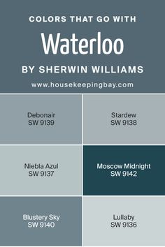 Colors that Go With Waterloo SW 9141 by Sherwin Williams Stardew Coordinating Colors, Sw Whirlpool, Sherwin Williams Downy, Blustery Sky Sherwin Williams, Debonair Sherwin Williams, Sw Waterloo, Sherwin Williams Waterloo, Moscow Midnight