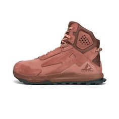 the women's hiker boot in pink sued with brown accents and black outs