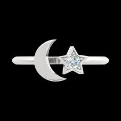 The night sky is forever balanced by the ever changing moon and the always shining stars up above. The Moon and Star Ring shows this delicate balance between two of the most beautiful cosmic wonders that every human gets to experience. A crescent moon hugs a beautiful sparkling lab grown diamond as if they were dancing through the sky. AVAILABLE DIAMONDS: 0.10 carat Lab-Grown Diamond of SI2 clarity and G-H color or better Choose from 14k yellow, white, or rose gold. Moon Star Ring, Space Jewelry, Moon And Star Ring, Moon And Star, Shining Star, Star Ring, The Night Sky, Moon Star, Diamond Shop