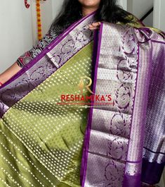 We insist to read through the details provided and message us for any questions and doubts before buying. We try to provide the best services and quality as much as possible. Asking before will help fulfill our customer's need and expectation. Also this will refrain us gaining negative feedbacks as we are a very small home based business. Olive green with purple border n pallu Venketgiri handloom pure silk Pattu saree.  the saree has kanchi border, small butis all over the body and grand pallu. Comes with an unstitched blouse piece. Note- Slight variation in color possible due to how the camera captures the color - that might show differently in daylight n indoor lights. Individual screen also matters here.  As Handwoven product, any irregularity in the weaving or pattern or dying color sh Purple Handloom Traditional Wear For Diwali, Festive Purple Traditional Wear With Weaving Work, Purple Weaving Work Dupatta For Festivals, Green Paithani Silk Dupatta With Weaving Work, Purple Festival Dupatta With Weaving Work, Purple Dupatta With Weaving Work For Festivals, Purple Traditional Wear With Weaving Work For Festivals, Purple Tussar Silk Traditional Wear With Weaving Work, Purple Handloom Traditional Wear For Ceremonies