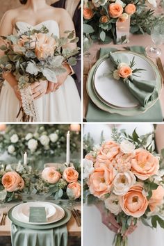 the wedding table is set with peach flowers and greenery, green napkins, and white plates