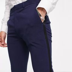 Asos Tuxedo Pants/Suit Pants Mens, Great Quality! Sz 33 Waist 30s Length Navy Blue With Black Satin Stripe Retails $58 Skinny Leg Short Length 63% Polyester 33% Viscose 4% Elastane Waist Laying Flat 17” Rise 10.25” Inseam 30” Navy Fitted Trousers, Fitted Tuxedo Style Party Bottoms, Fitted Tuxedo Bottoms For Party, Navy Fitted Pants With Belt Loops, Fitted Navy Pants With Belt Loops, Tuxedo Style Tailored Pants For Night Out, Fitted Tuxedo Style Bottoms For Night Out, Mens Tux, Mens Tuxedo