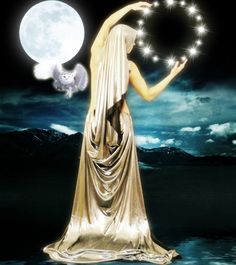 a woman holding a crystal ball in front of a full moon with clouds and mountains behind her