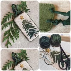 four pictures show the process of making an ornament with yarn and pine needles