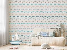 Ever Children's Playroom With Blue Boats, Octopus and Whales Room With Blue Accent Wall, Stylish Wallpaper, Turquoise And Pink, Dining Room Wallpaper, Gender Neutral Colors, Cottage Renovation, Stripes Wallpaper, Boys Wallpaper, Wallpaper Removable