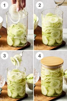 four pictures showing how to make cucumber pickles in a mason jar with instructions