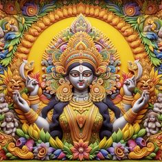 an intricately painted image of the hindu god in front of a yellow background with flowers