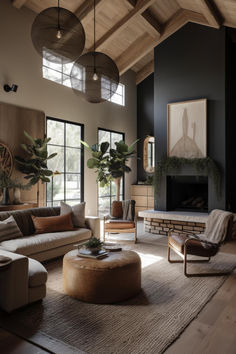 a living room filled with furniture and a fire place in the middle of a room