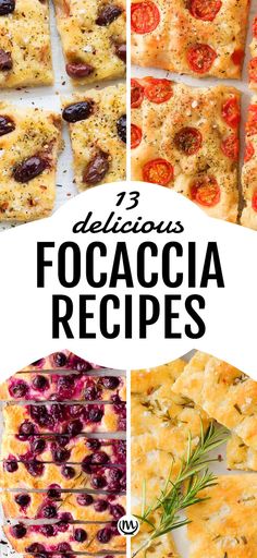 Top view of four focaccia toppings. Focaccia Recipes, Bread Toppings, Focaccia Bread Recipe, Focaccia Recipe