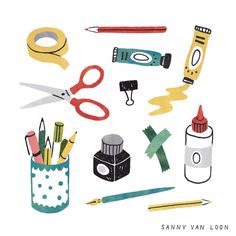 an assortment of art supplies are shown on a white background with the words sanny van loon