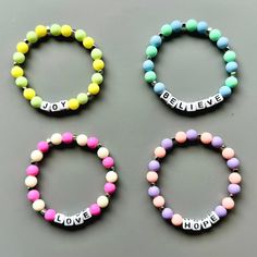 These handmade beaded bracelets can be personalized with a name, motivational word, initials or a short phrase. Great as a gift for someone who needs encouragement, a mental pick-me-up, or just a cute bracelet with his or her name or initials on it!  Please measure your wrist before you pick the size for your bracelet. The easiest way is to use a string or ribbon around your wrist and then laying it along a ruler.  All photos are for examples. The colors and pattern of the beads on the bracelets may vary slightly depending on size and supply. Prices are per bracelet. If you would like different colored beads,  or would like a different quantity, please message the shop and I will work with you on a custom order. SAFETY WARNING: All products sold in this shop should be used with adult super Trendy Words, Alphabet Beads, Word Bracelet, Diy Bracelets Patterns, Bracelets Handmade Beaded, Cute Bracelets, Friendship Gifts, Diy Bracelets, Bracelet Patterns