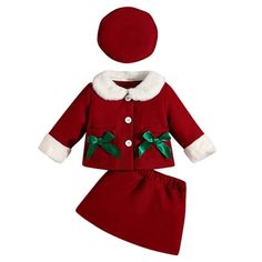 a red and white christmas outfit with green bows on the collar, pants and hat